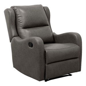 Kim 38 Inch Manual Recliner Chair- Cushioned Gray Faux Leather- Solid Wood