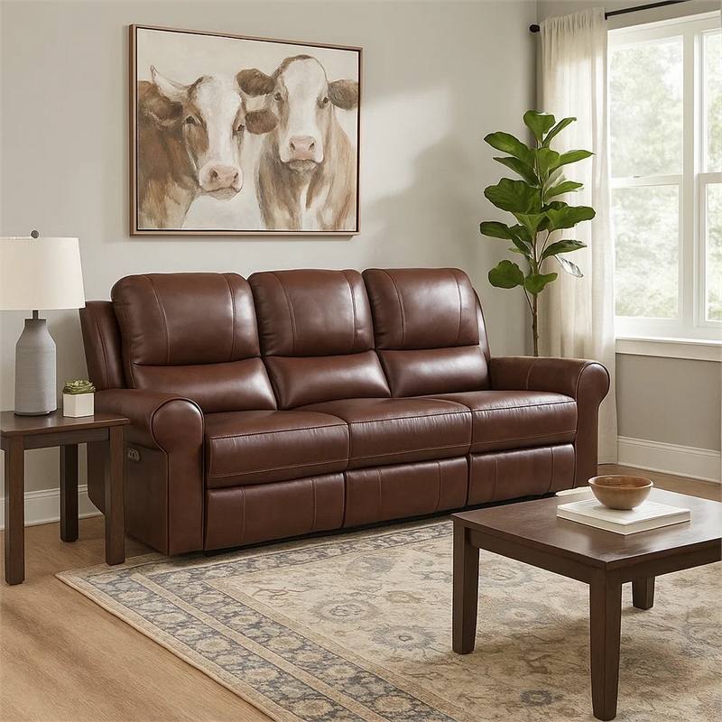 Michael 82 Inch Power Dual Recliner Sofa- USB- Brown Top Grain Leather