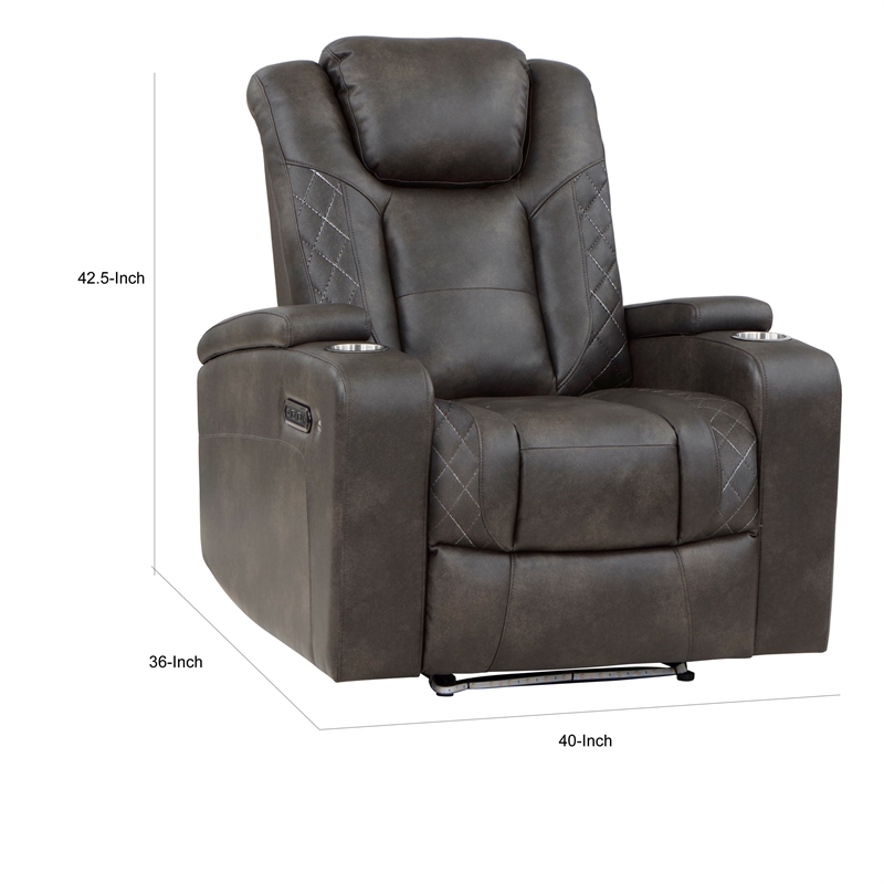 Mia 40 Inch Power Recliner Chair- Gray Faux Leather- LED- USB- Cupholders