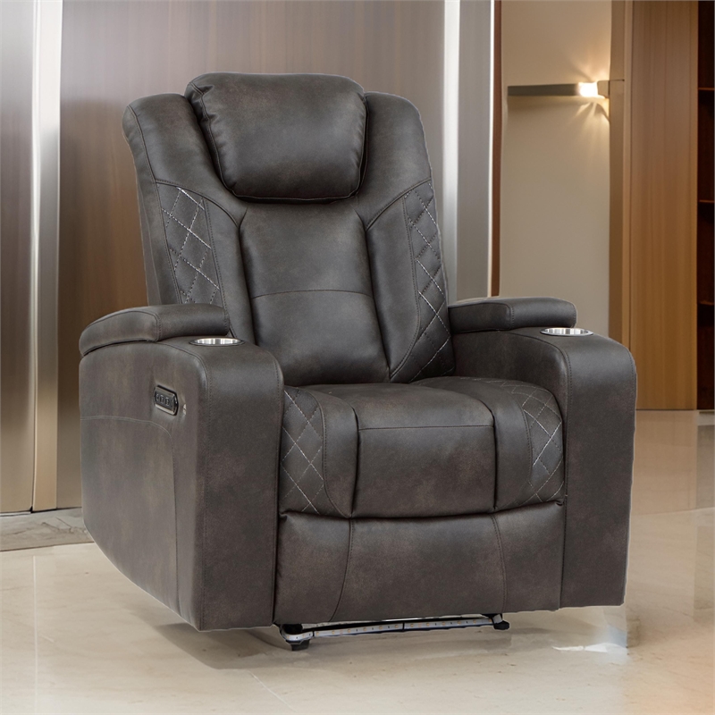 Mia 40 Inch Power Recliner Chair- Gray Faux Leather- LED- USB- Cupholders