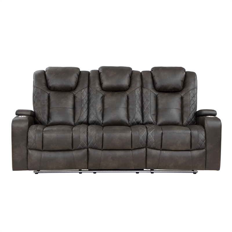 Mia 83 Inch Power Double Recliner Sofa- Gray Faux Leather- USB- Drop Table