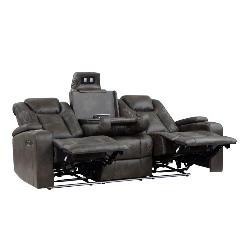 Mia 83 Inch Power Double Recliner Sofa- Gray Faux Leather- USB- Drop Table