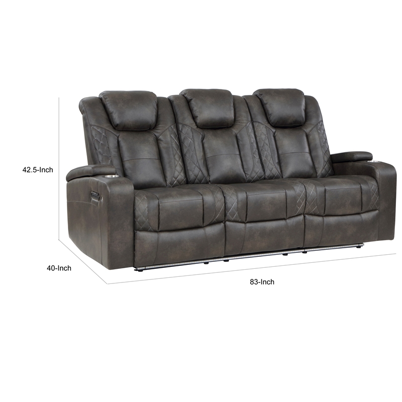 Mia 83 Inch Power Double Recliner Sofa- Gray Faux Leather- USB- Drop Table