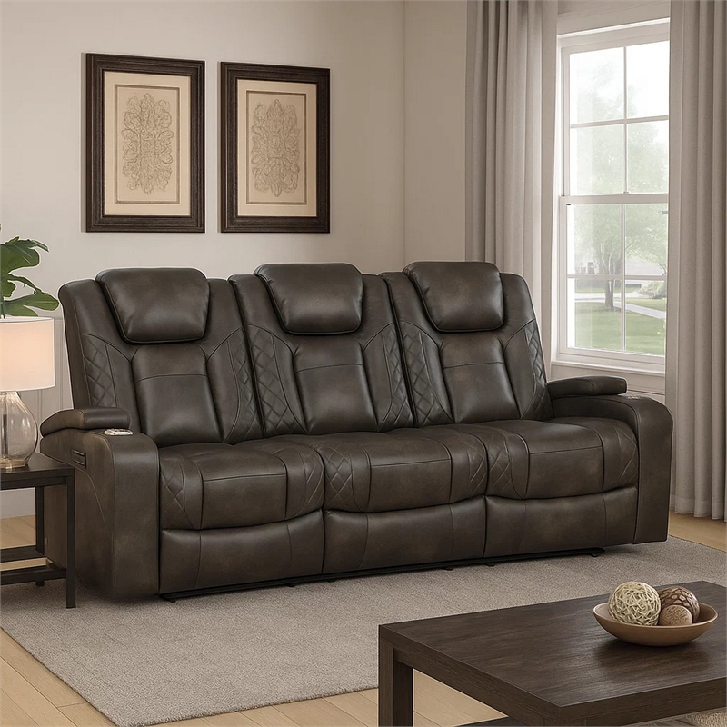 Mia 83 Inch Power Double Recliner Sofa- Gray Faux Leather- USB- Drop Table
