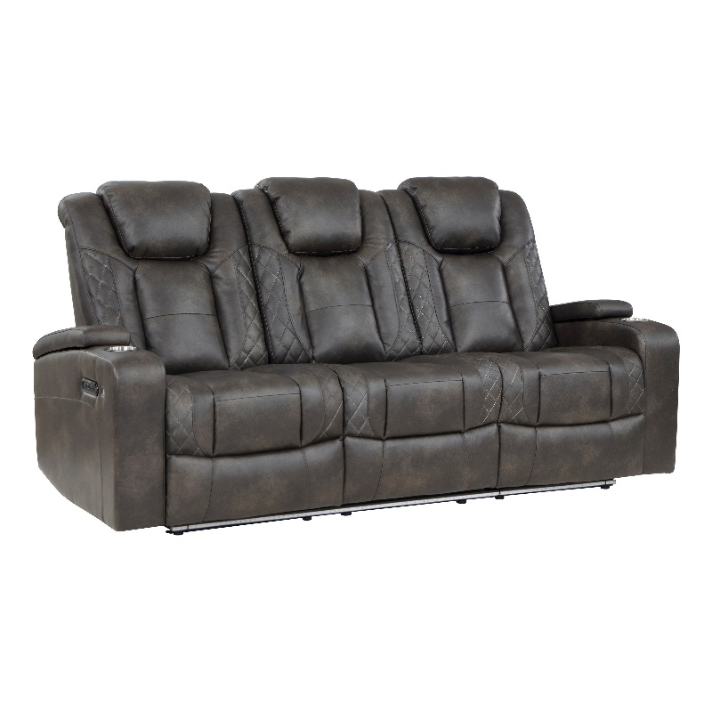 Mia 83 Inch Power Double Recliner Sofa- Gray Faux Leather- USB- Drop Table