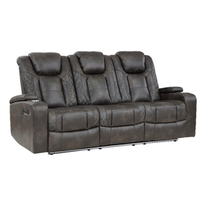 Mia 83 Inch Power Double Recliner Sofa- Gray Faux Leather- USB- Drop Table