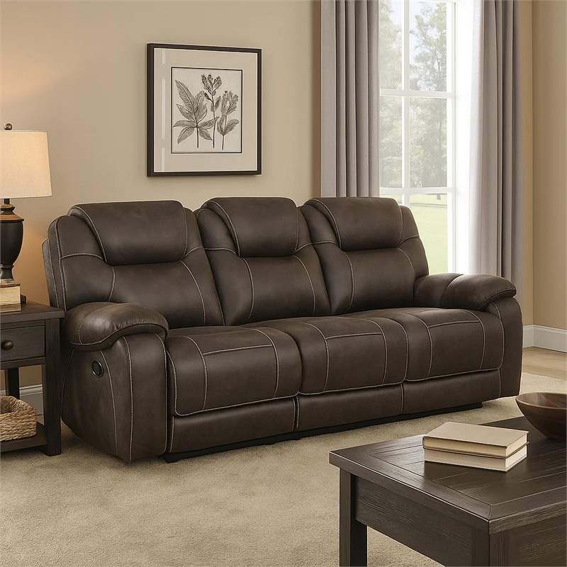 Lily 87 Inch Double Manual Recliner Sofa- Brown Microfiber- Solid Wood