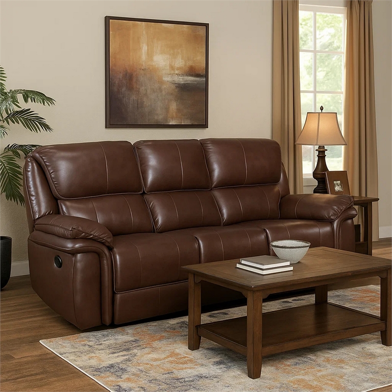 Jack 87 Inch Manual Recliner Sofa- Brown Top Grain and Faux Leather- Wood