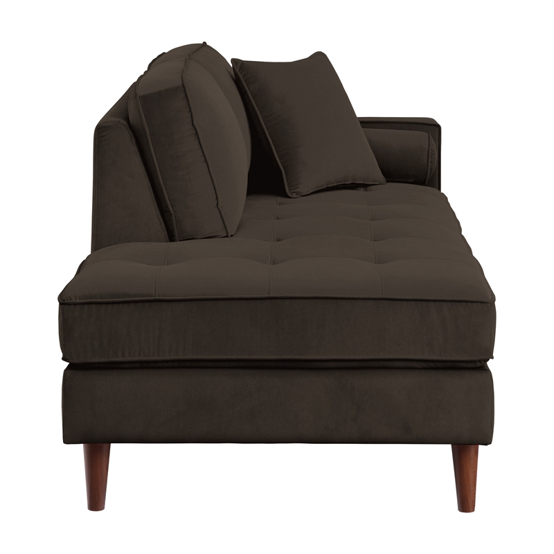 Jim 75 Inch Chaise Lounger- Brown Velvet- 2 Accent Pillows- Solid Wood