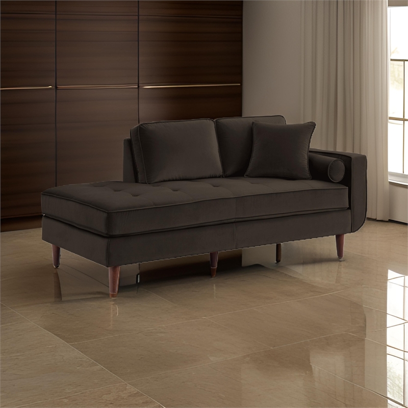 Jim 75 Inch Chaise Lounger- Brown Velvet- 2 Accent Pillows- Solid Wood