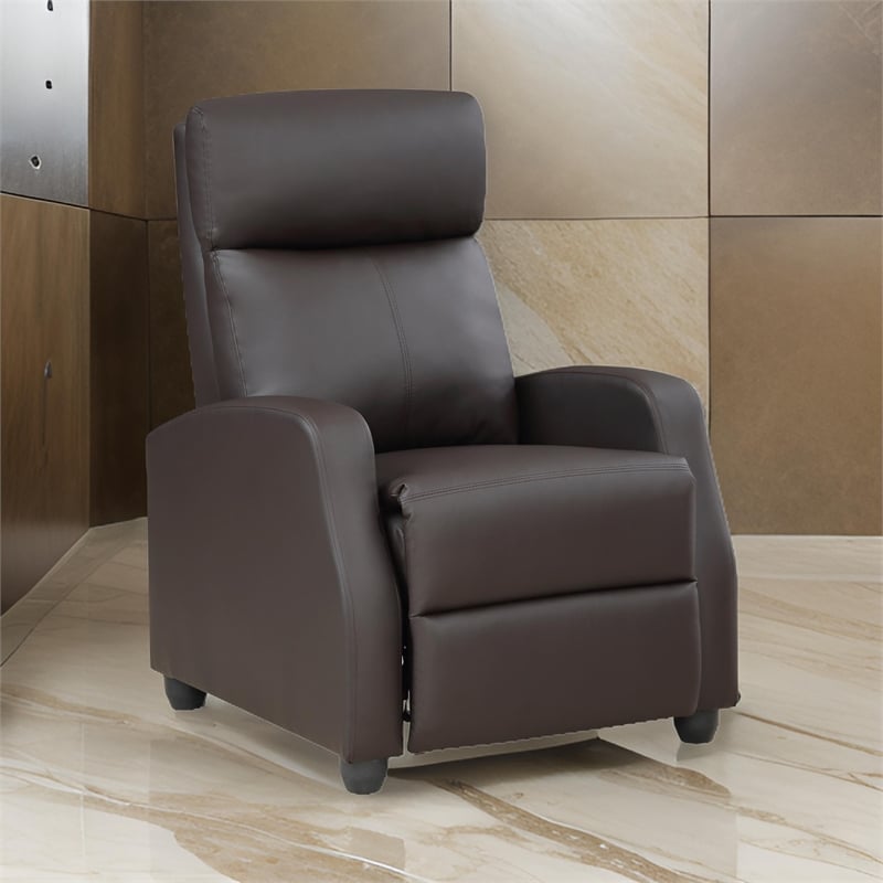 Jiana 35 Inch Push Back Recliner Chair- Brown Faux Leather- Solid Wood