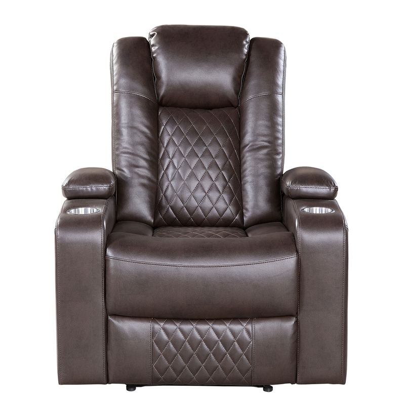 Alan 40 Inch Power Recliner Chair- Brown Faux Leather- USB- Cupholders