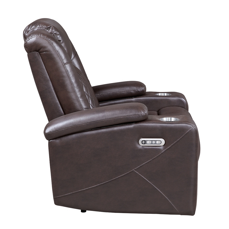 Alan 40 Inch Power Recliner Chair- Brown Faux Leather- USB- Cupholders