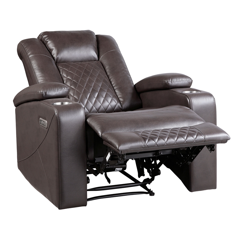 Alan 40 Inch Power Recliner Chair- Brown Faux Leather- USB- Cupholders