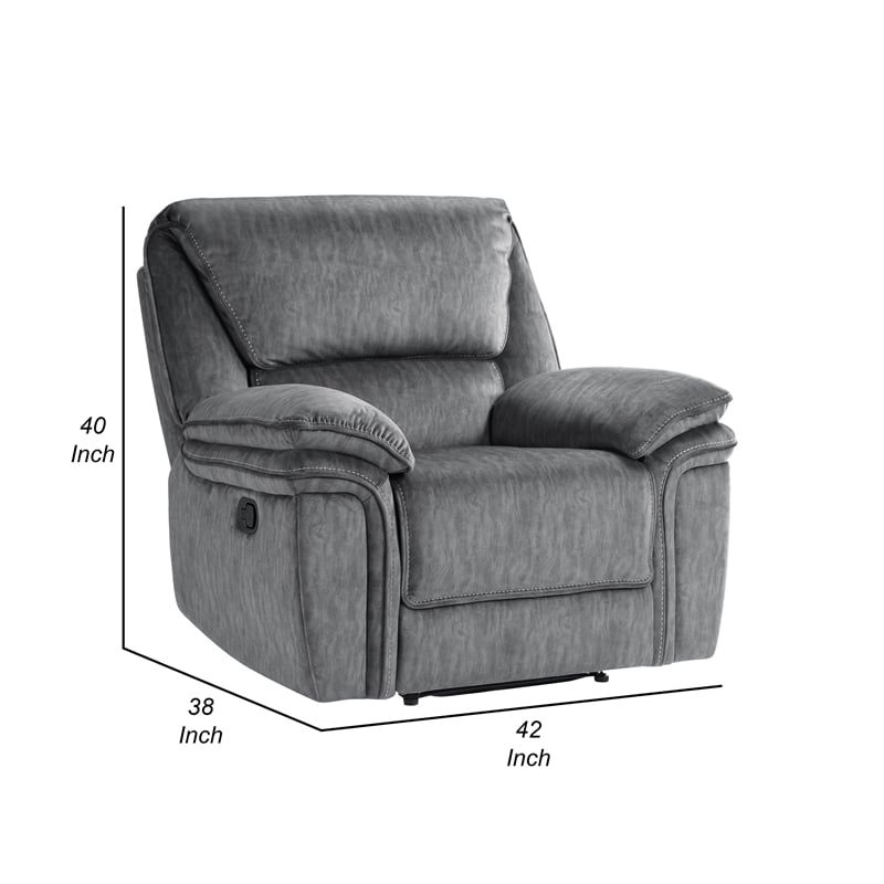Muir 38 Inch Manual Recliner Chair- Tufted Back Gray Microfiber- Solid Wood