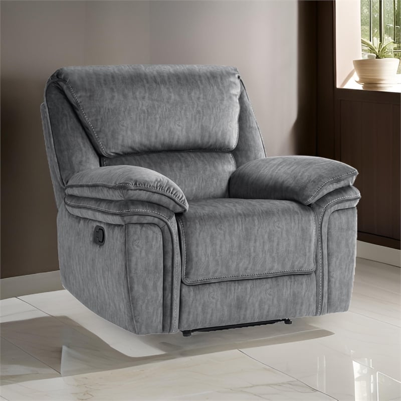 Muir 38 Inch Manual Recliner Chair- Tufted Back Gray Microfiber- Solid Wood