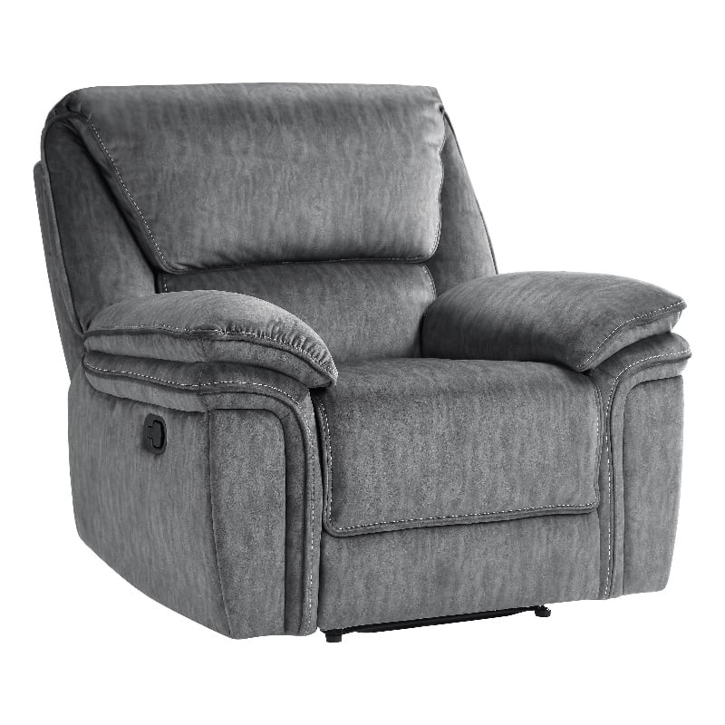 Muir 38 Inch Manual Recliner Chair- Tufted Back Gray Microfiber- Solid Wood