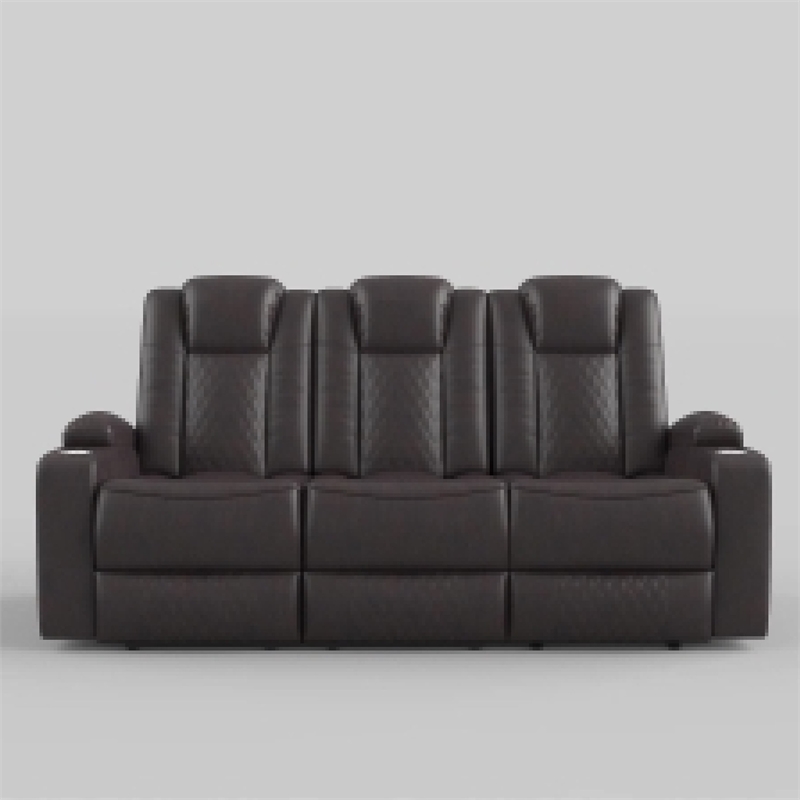 Power Recliner Sofa- 83 Inch- Brown Faux Leather- Drop Down Table