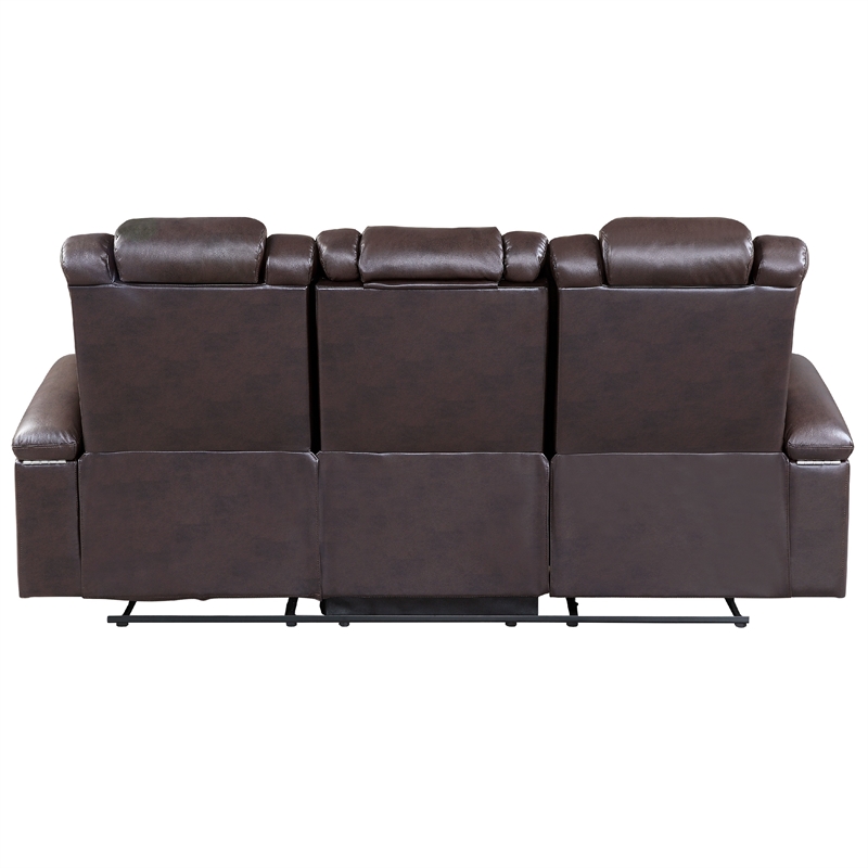 Power Recliner Sofa- 83 Inch- Brown Faux Leather- Drop Down Table