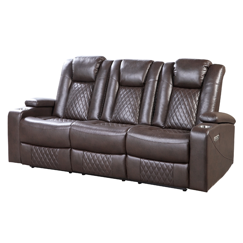 Power Recliner Sofa- 83 Inch- Brown Faux Leather- Drop Down Table