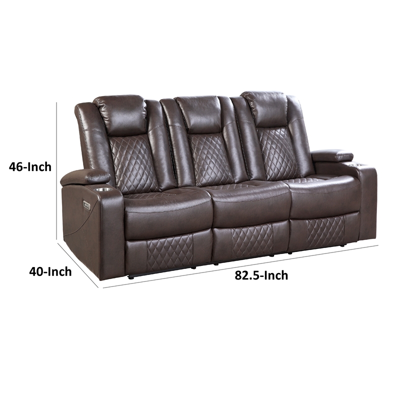 Power Recliner Sofa- 83 Inch- Brown Faux Leather- Drop Down Table