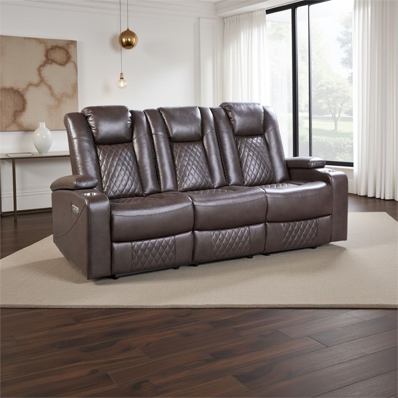 Power Recliner Sofa- 83 Inch- Brown Faux Leather- Drop Down Table