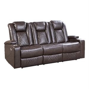 Power Recliner Sofa- 83 Inch- Brown Faux Leather- Drop Down Table