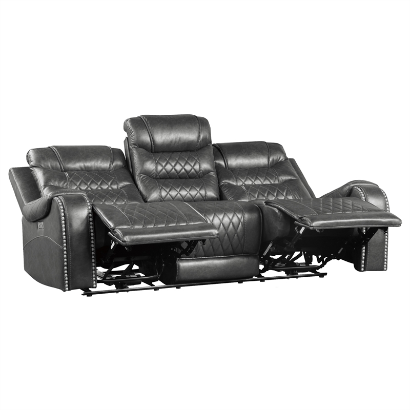 Paul Power Recliner Sofa- 87 Inch- Gray Faux Leather- Drop Down Table