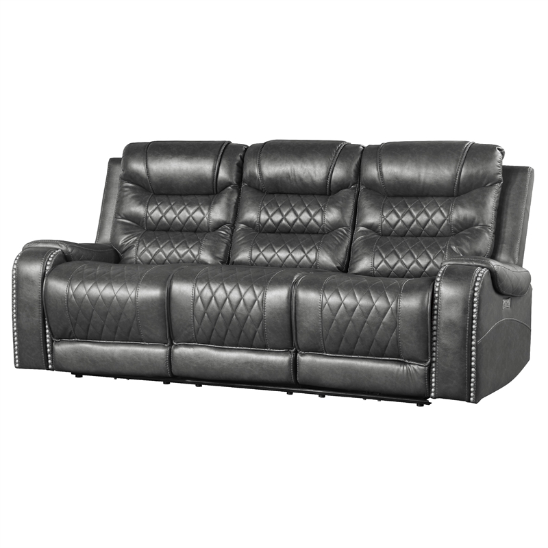 Paul Power Recliner Sofa- 87 Inch- Gray Faux Leather- Drop Down Table