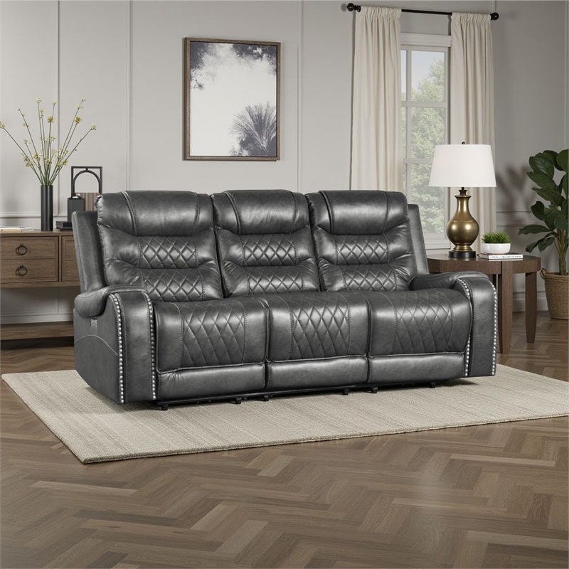 Paul Power Recliner Sofa- 87 Inch- Gray Faux Leather- Drop Down Table
