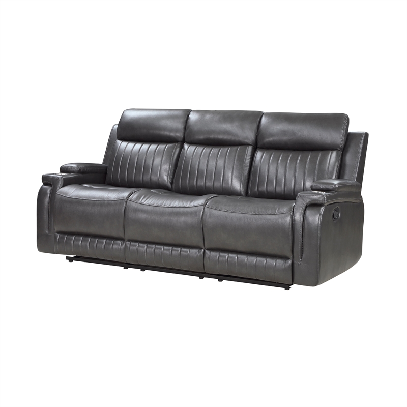 Jolo Manual Recliner Sofa- Drop Table- 82 Inch- Gray Faux Leather