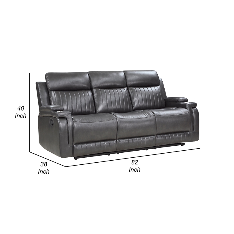 Jolo Manual Recliner Sofa- Drop Table- 82 Inch- Gray Faux Leather