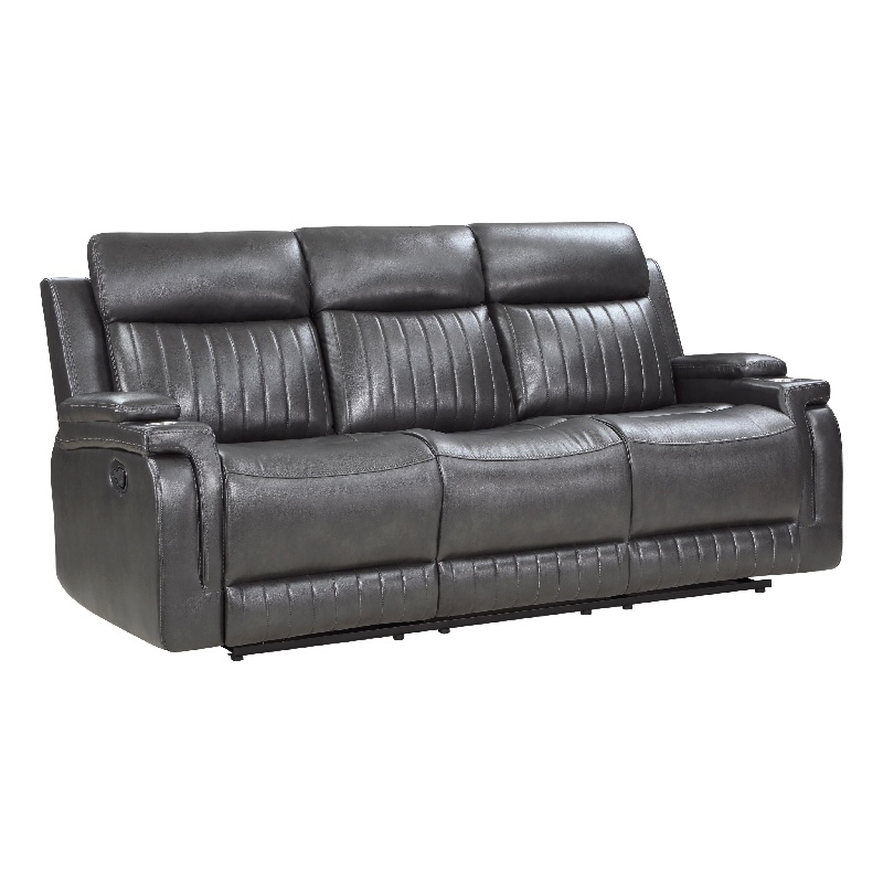 Jolo Manual Recliner Sofa- Drop Table- 82 Inch- Gray Faux Leather