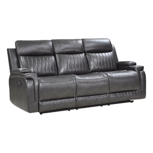 Jolo Manual Recliner Sofa- Drop Table- 82 Inch- Gray Faux Leather