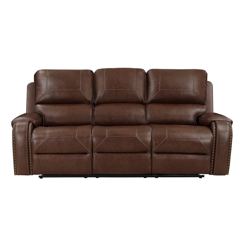 Dean 87 Inch Dual Manual Recliner Sofa- Cupholders- Brown Faux Leather