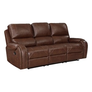 Dean 87 Inch Dual Manual Recliner Sofa- Cupholders- Brown Faux Leather