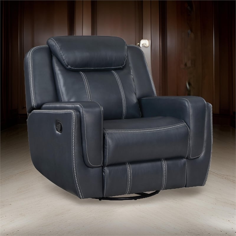 Louise 40 Inch Swivel Glider Manual Recliner Chair- Blue Faux Leather