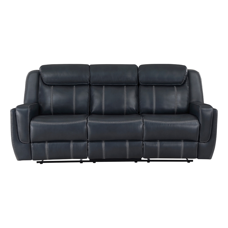 Louise 86 Inch Dual Manual Recliner Blue Faux Leather Sofa- Drop Down Table
