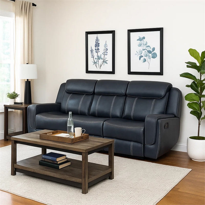 Louise 86 Inch Dual Manual Recliner Blue Faux Leather Sofa- Drop Down Table
