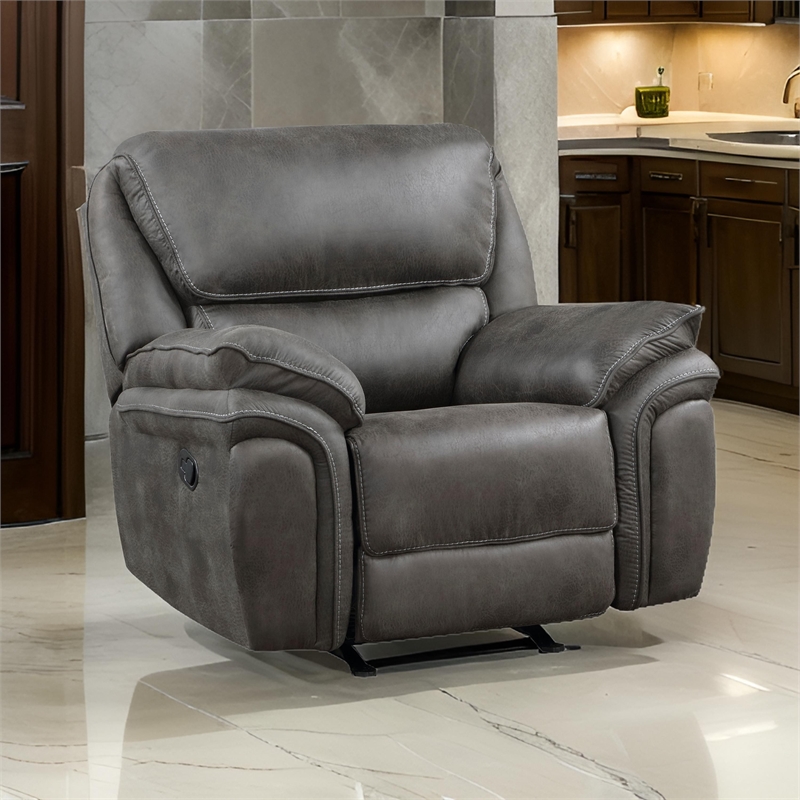 Tony 45 Inch Rocker Manual Recliner Chair- Gray Microfiber- Solid Wood