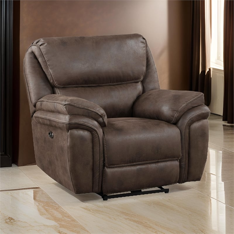 Tony 45 Inch Power Recliner Chair- Brown Microfiber- Solid Wood- USB Port