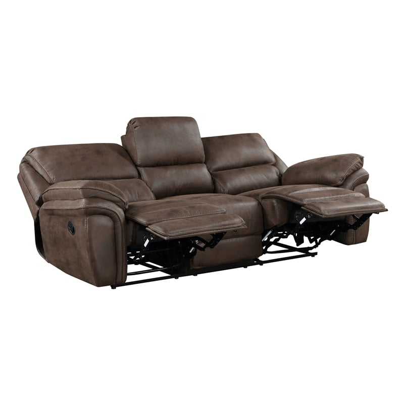 Tony 90 Inch Double Manual Recliner Sofa- Brown Microfiber- Solid Wood