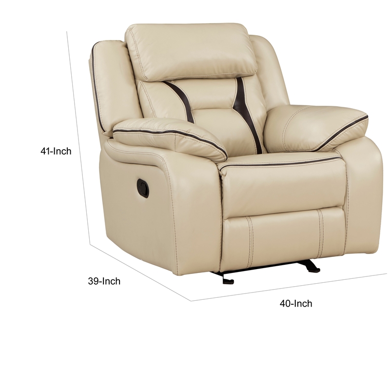 Millie 40 Inch Manual Recliner Chair- Beige Faux Leather- Solid Wood- Metal