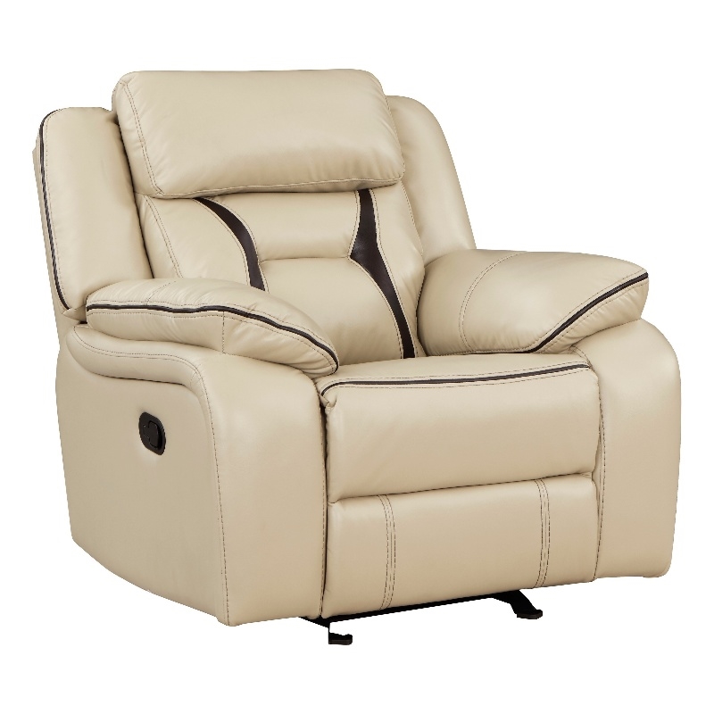 Millie 40 Inch Manual Recliner Chair- Beige Faux Leather- Solid Wood- Metal