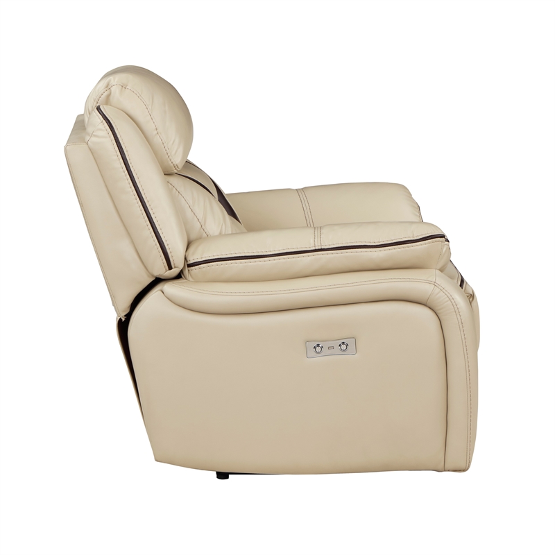 Millie 40 Inch Power Recliner Chair- Beige Faux Leather- Solid Wood- Metal
