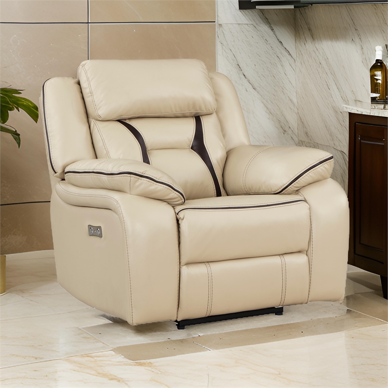 Millie 40 Inch Power Recliner Chair- Beige Faux Leather- Solid Wood- Metal