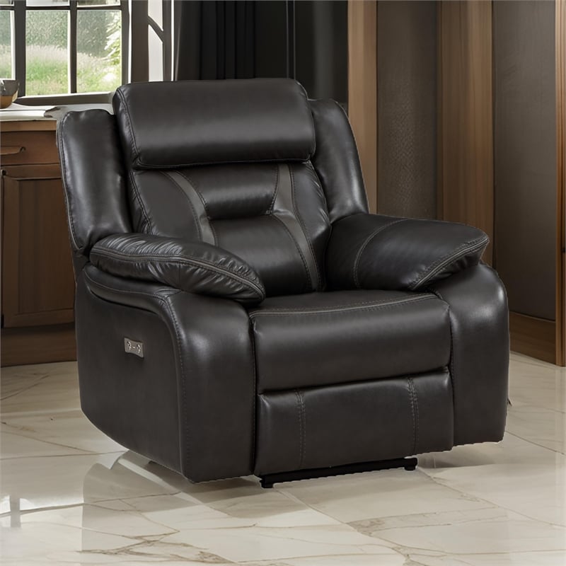 Millie 40 Inch Power Recliner Chair- Dark Gray Faux Leather- Solid Wood