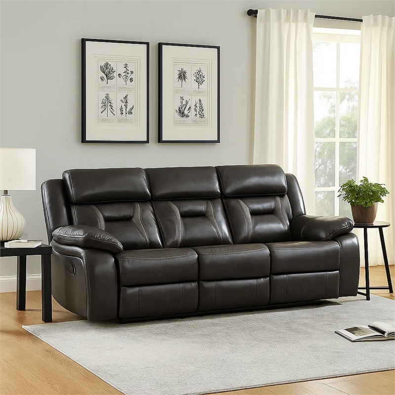 Millie 86 Inch Manual Dual Recliner Sofa- Cushioned Dark Gray Faux Leather