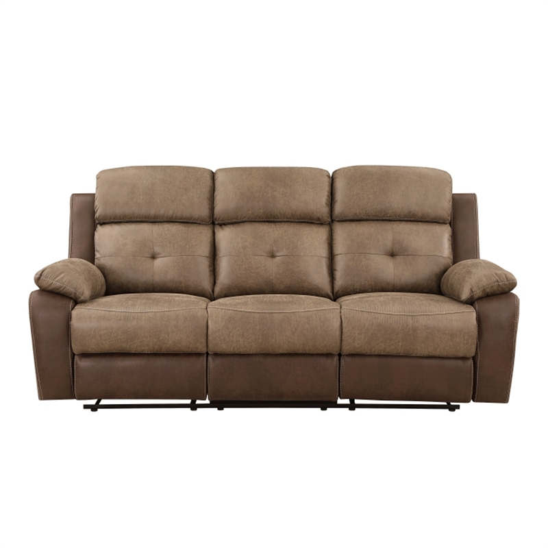 Emma 84 Inch Double Manual Recliner Sofa- Soft Brown Microfiber- Solid Wood