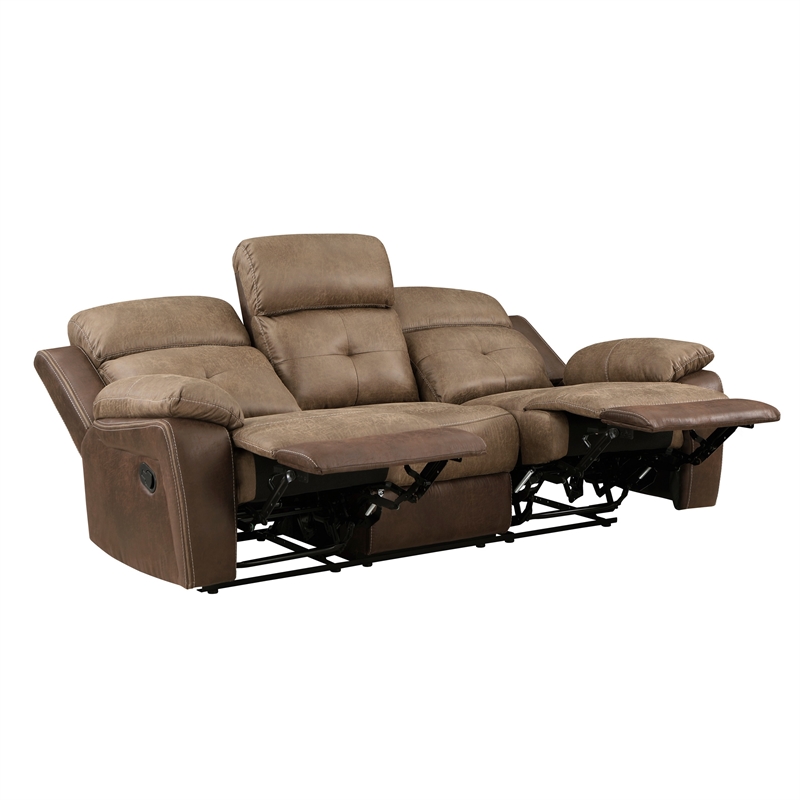 Emma 84 Inch Double Manual Recliner Sofa- Soft Brown Microfiber- Solid Wood